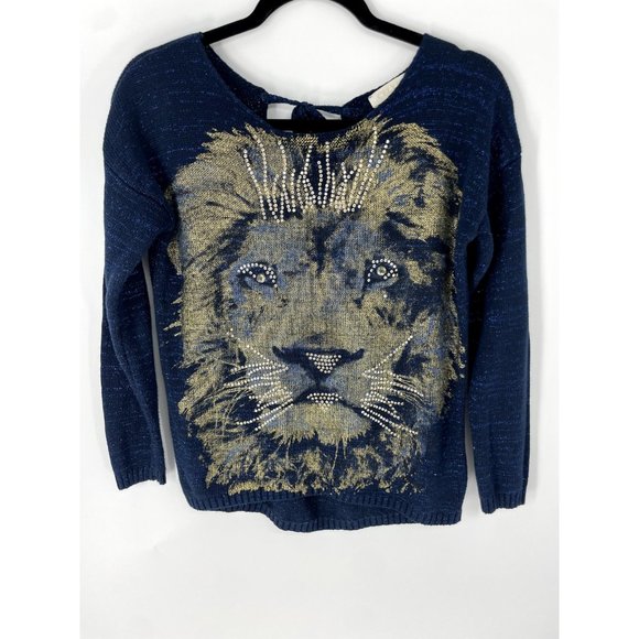 Unbranded Sweaters - Celyn Blue sweater with Gold Lion Face and Rhinestones Size S